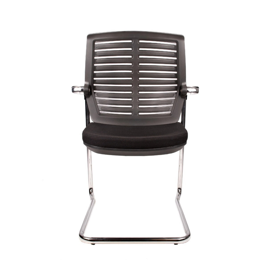 The product is a conference chair, specifically the Confi model. It features a sleek design with a black cushioned seat and a backrest made of slatted plastic, providing both comfort and ventilation. The chair has a chrome frame and armrests, making it suitable for office or conference settings.