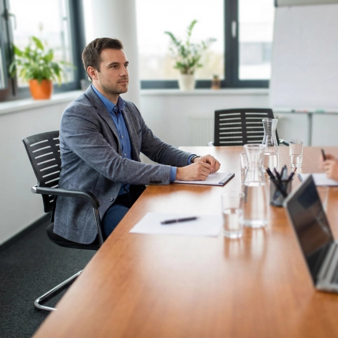 The image features a conference chair, likely an ergonomic office chair, designed for comfort during meetings. The setting includes a man in a blazer sitting at a conference table, with water glasses and stationery visible, suggesting a professional environment.