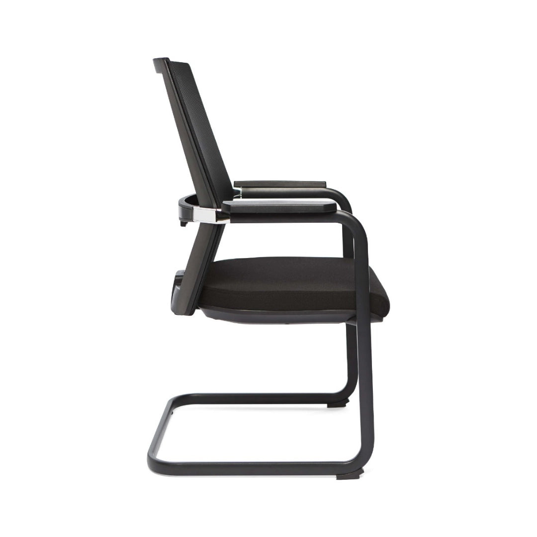 The image features a conference chair with a sledge base design, suitable for office or meeting environments. It has a sleek, modern aesthetic with a black fabric seat and backrest, complemented by metallic armrests and a sturdy frame. The chair is designed for comfort and functionality, ideal for prolonged seating during conferences or meetings.