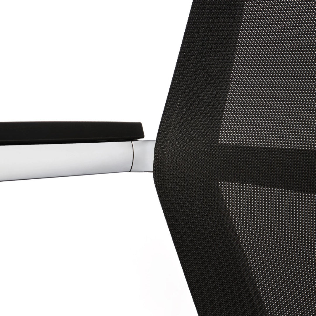 The image features a conference chair, specifically a sledge chair design. It showcases a sleek, modern aesthetic with a black mesh backrest and armrests, complemented by a shiny metal frame. The chair is designed for comfort and style, suitable for conference or meeting environments.