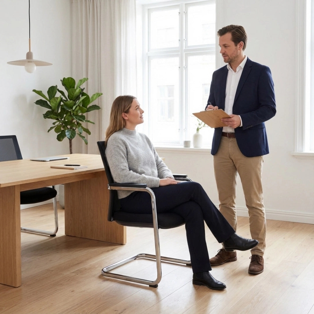 The image features a conference chair with a sledge base, designed for office or meeting environments. It appears to be a modern and ergonomic model, likely from a contemporary furniture brand. In the scene, a woman sits comfortably in the chair while a man stands beside her, holding a clipboard and engaging in conversation. The setting is bright and minimalistic,