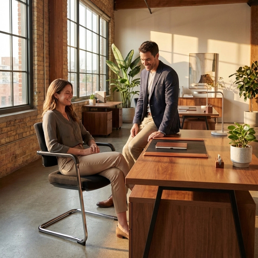 The image features a conference chair, likely designed for office use, showcasing a modern and ergonomic design. Two individuals are engaged in conversation in a stylish office setting with large windows and wooden furniture. The chair has a sleek metal frame and comfortable upholstery, complementing the contemporary workspace ambiance.