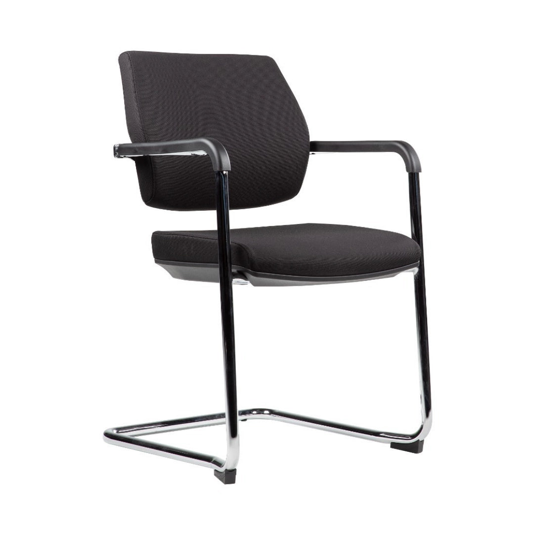 The product is a conference chair designed for office use. It features a sleek, modern design with a black mesh seat and backrest, supported by a chrome frame. The chair includes armrests for added comfort, making it suitable for meetings and conferences.
