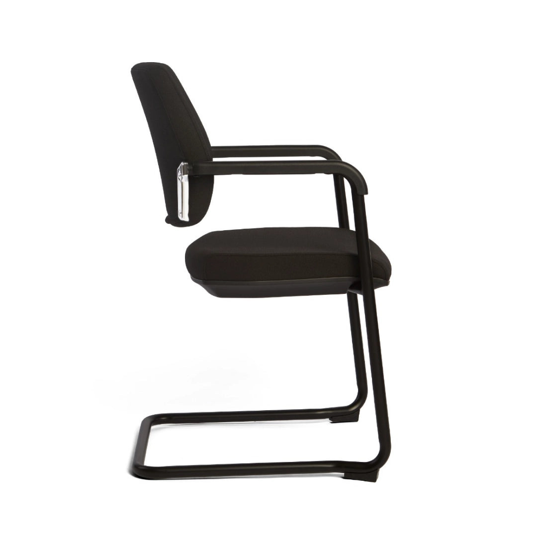 The image shows a conference chair with a sleek, modern design. It features a black fabric seat and backrest, supported by a sturdy metal frame. The chair includes armrests for added comfort, making it suitable for meetings and conferences.