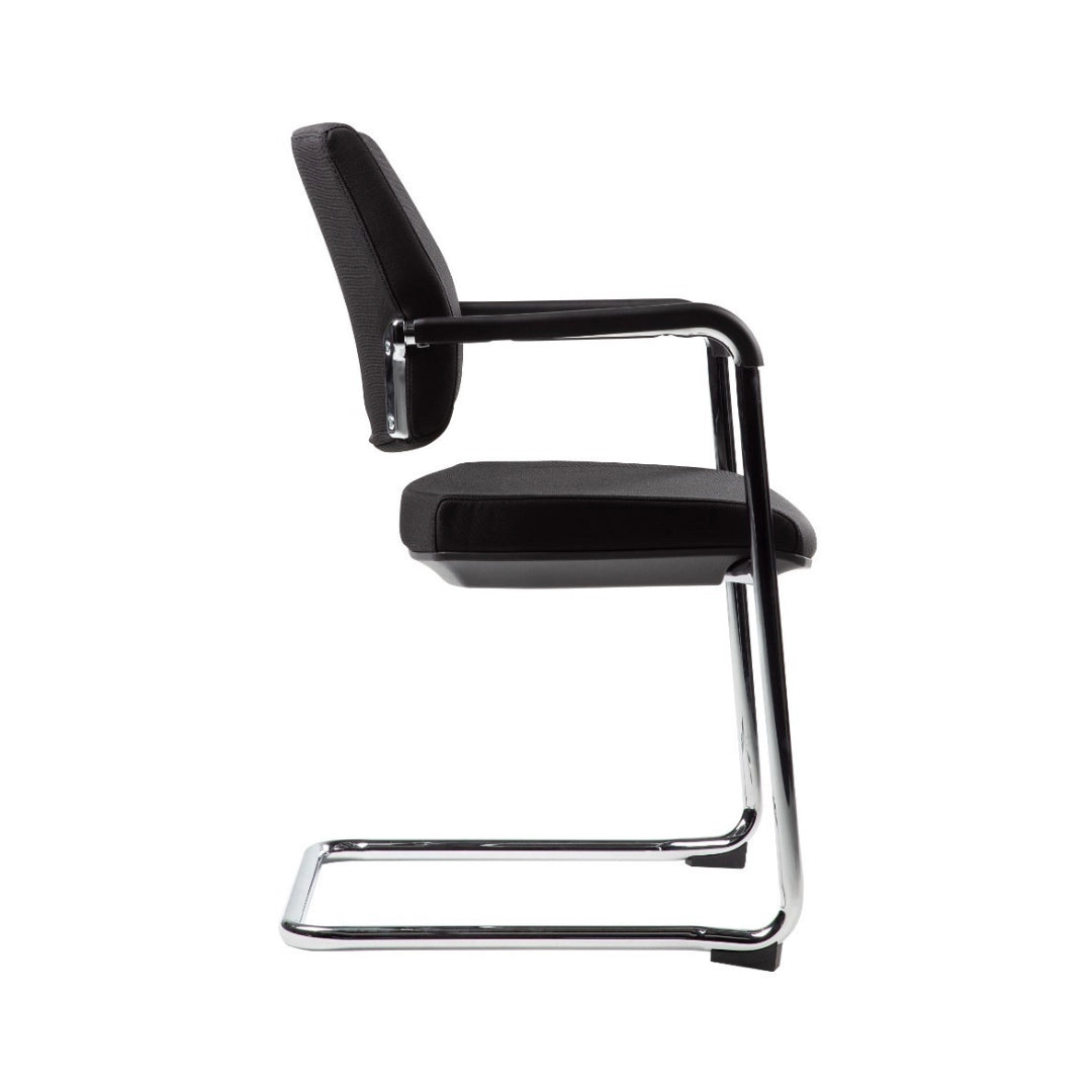 The product is a conference chair, designed for office or meeting environments. It features a sleek, modern design with a black fabric seat and backrest, supported by a chrome frame. The chair includes armrests for added comfort, making it suitable for prolonged sitting during meetings or conferences.