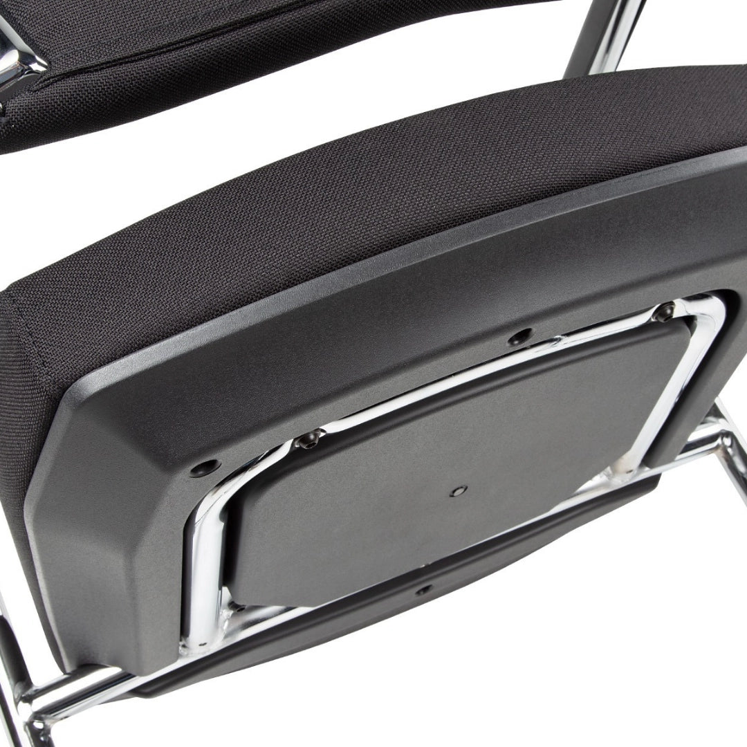 The image features a conference chair with a sleek design, likely intended for office or meeting environments. It showcases a black fabric seat and backrest, supported by a sturdy metal frame. The chair appears to be designed for comfort and durability, suitable for prolonged use in professional settings.