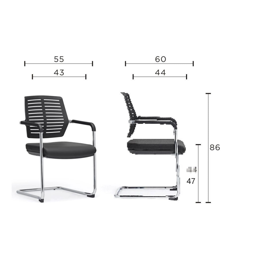 The image features a conference chair, specifically a modern design with a sleek, minimalist aesthetic. It has a black seat and backrest with a slatted design for ventilation, supported by a chrome frame. The chair is suitable for office or conference settings, offering a blend of comfort and style. Dimensions are provided, indicating its size for potential buyers.