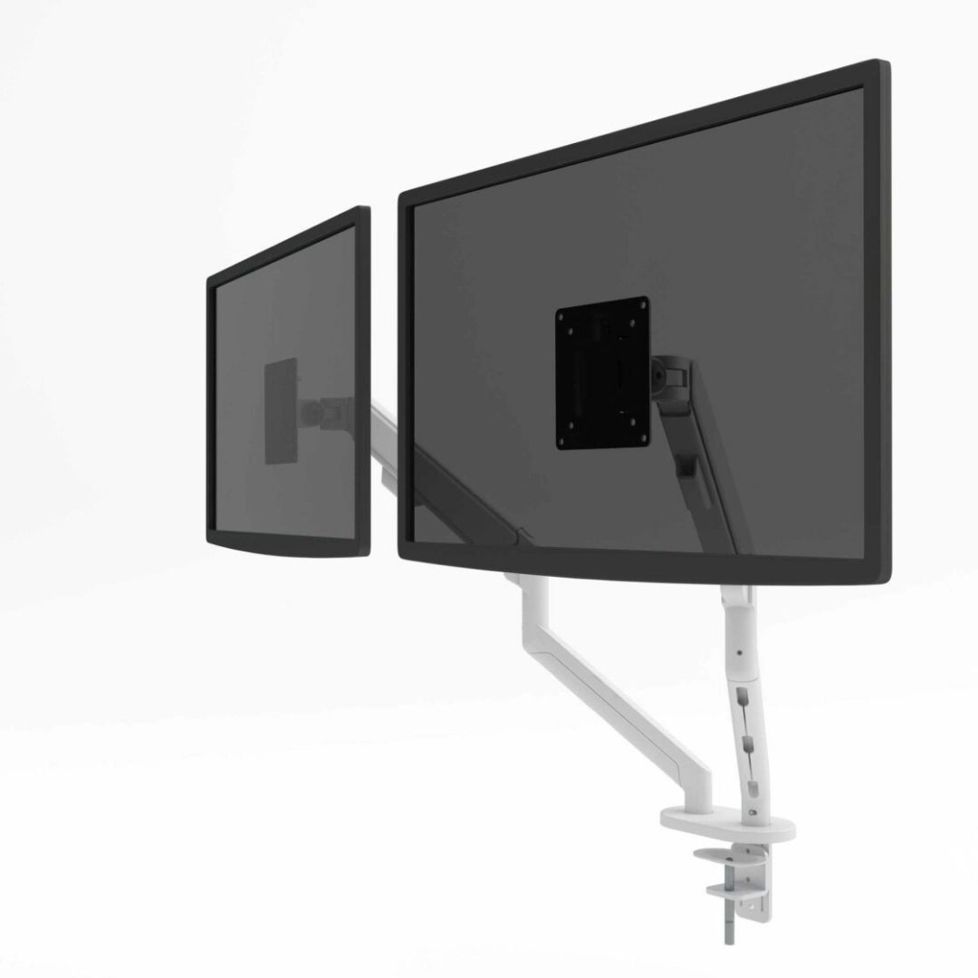 The product is a dual monitor arm, specifically designed for ergonomic workspace setups. It features a sleek, white design that supports two monitors, allowing for adjustable positioning to enhance comfort and productivity. The monitors are mounted on articulated arms, providing flexibility in viewing angles.