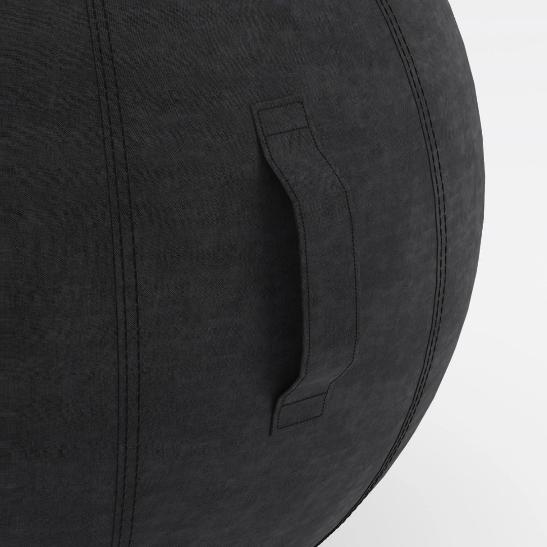 The product is an ergonomic seating ball, designed to promote better posture and comfort while sitting. It features a sleek black fabric exterior with visible stitching and a handle for easy transport. The design emphasizes functionality and style, suitable for various settings.