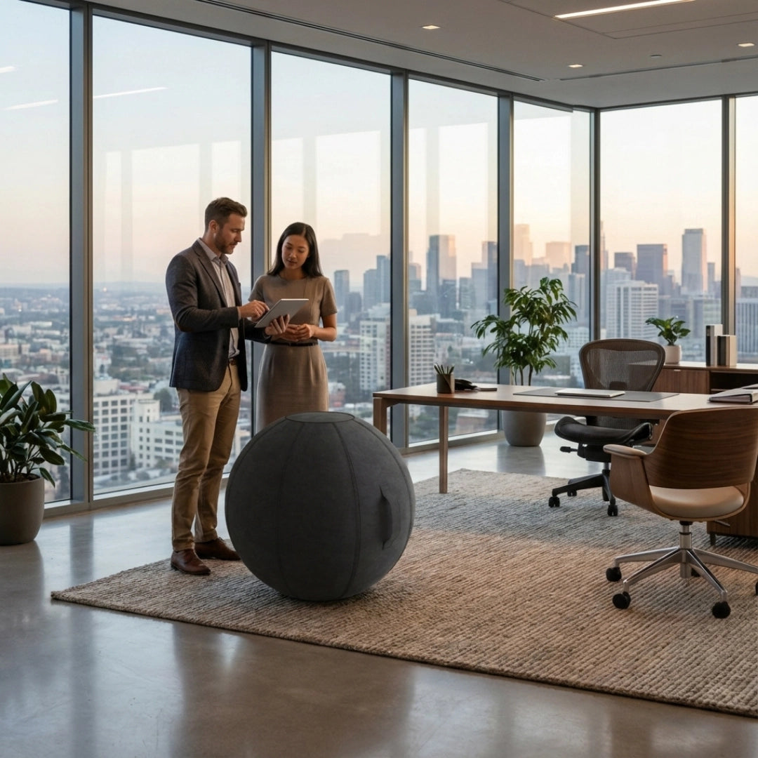 The image features an ergonomic seating ball, designed to promote better posture and active sitting. It appears to be a modern office setting with large windows showcasing a city skyline. Two individuals, a man and a woman, are engaged in discussion while standing next to the seating ball, which is gray and has a textured surface. The office is stylishly furnished with