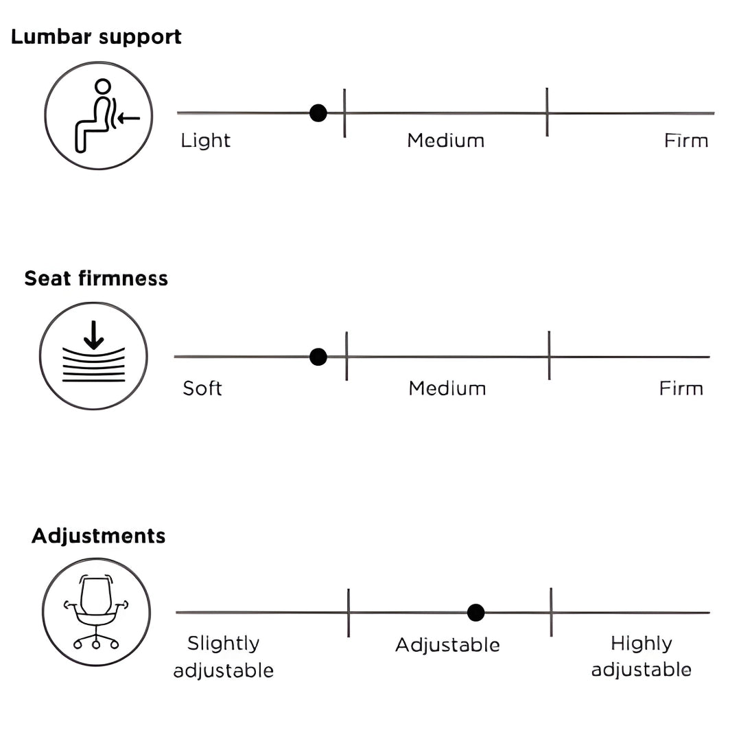 The product is an ergonomic office chair, specifically the "Vane" model. The image displays three adjustable features: lumbar support, seat firmness, and overall adjustability. Each feature is represented on a scale, indicating options ranging from light to firm for lumbar support, soft to firm for seat firmness, and slightly adjustable to highly adjustable for overall customization.