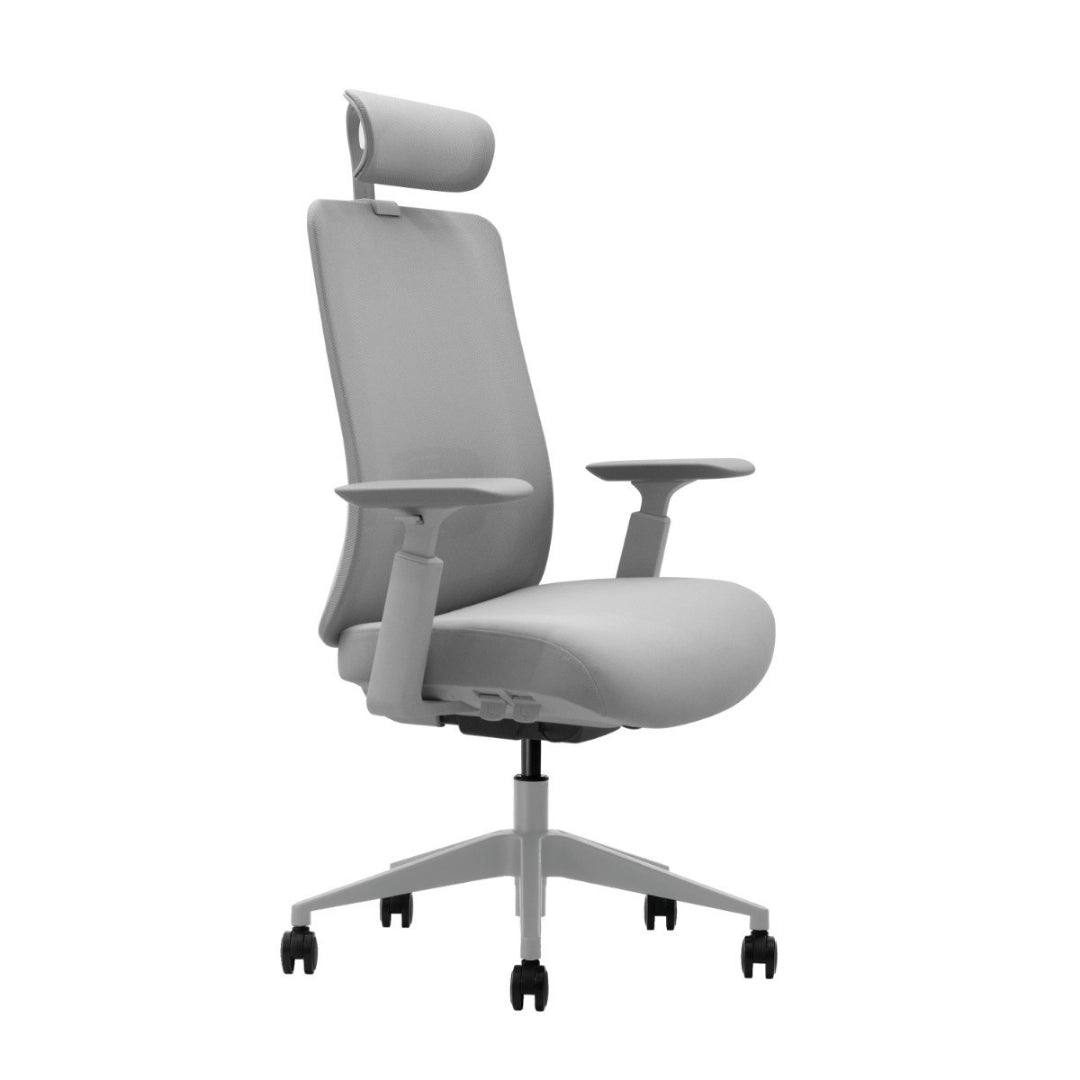 The product is an ergonomic office chair, specifically the Vane model. The chair features a sleek, modern design with a high backrest, adjustable headrest, and armrests. It is upholstered in a light gray fabric and is mounted on a five-point base with wheels for mobility.
