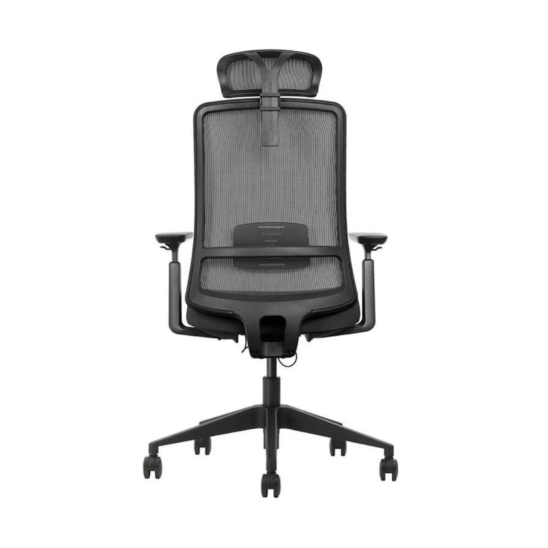 The product is an ergonomic office chair, specifically the Vane model. The image shows the chair from the back, highlighting its sleek design with a mesh backrest and adjustable headrest. The chair features armrests and a five-point base with wheels for mobility.