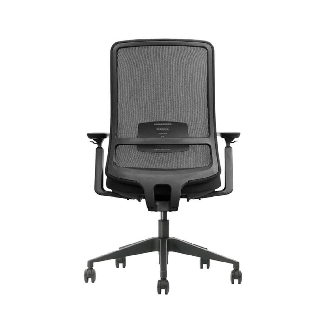 The image shows an ergonomic office chair, specifically the Vane model. It features a sleek design with a mesh back for breathability and adjustable armrests. The chair is mounted on a five-point base with wheels for mobility.