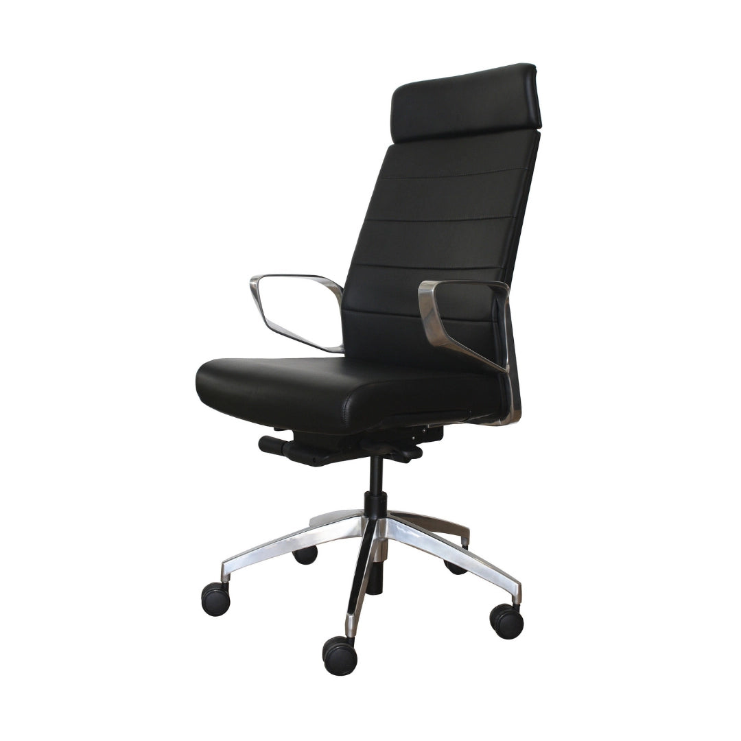 The product is an ergonomic office chair, specifically the "Superior Executive Chair." The chair features a sleek black design with a high backrest, padded seat, and armrests. It has a modern chrome base with wheels for easy mobility, making it suitable for office environments.