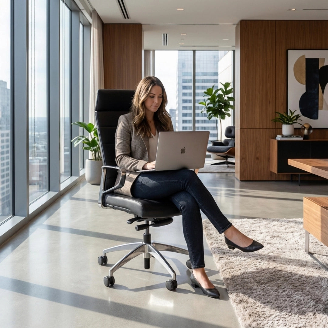 The image features an ergonomic office chair, specifically the "Ergonomic Executive Chair Superior." It showcases a woman working on a laptop while seated comfortably in the chair, which has a sleek design and is set in a modern office environment with large windows and stylish decor. The overall aesthetic emphasizes professionalism and comfort.