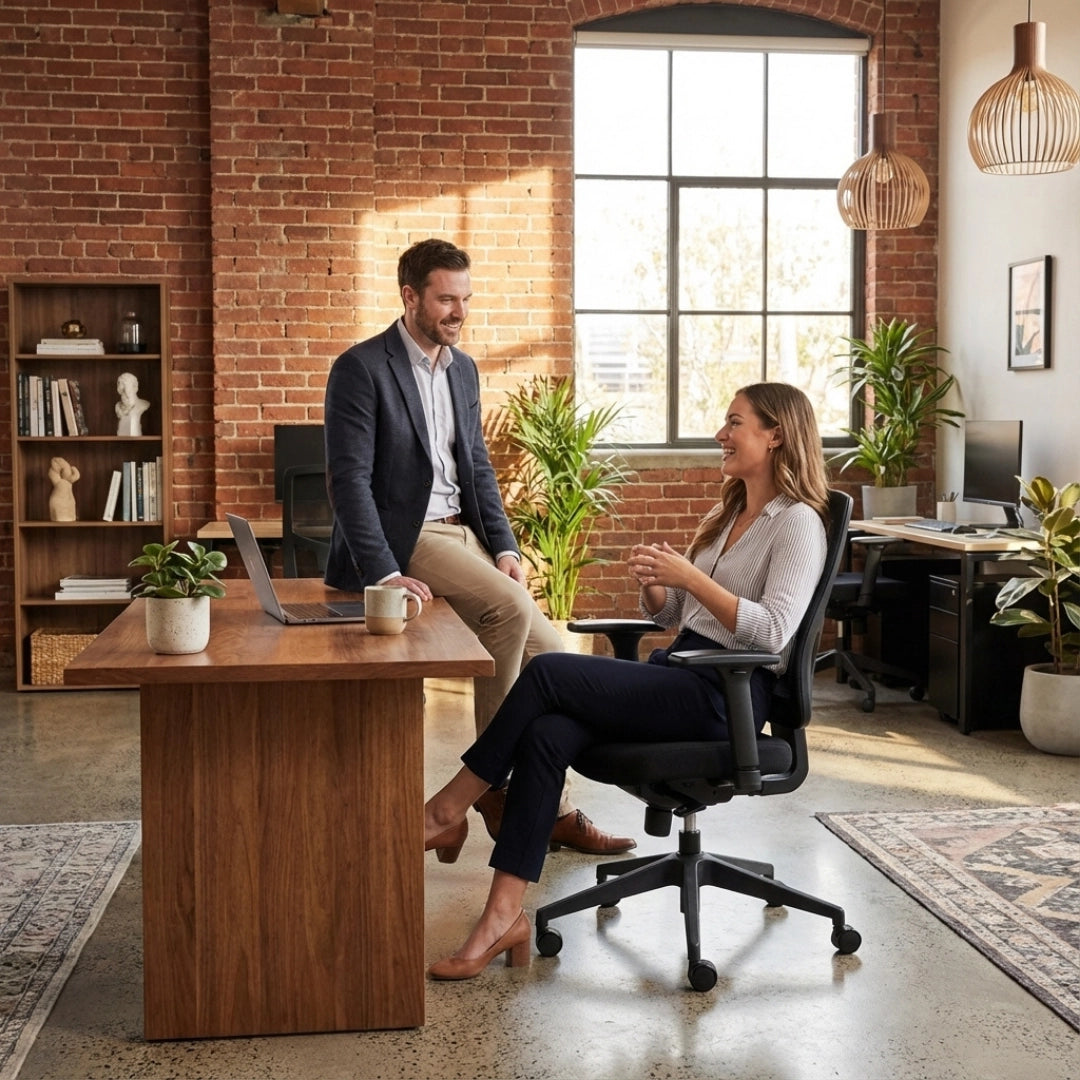 The image features an ergonomic office chair, designed for comfort and support during long hours of work. It shows a modern office setting with a man and a woman engaged in conversation. The woman is seated in the ergonomic chair, while the man stands next to a wooden desk with a laptop. The background includes plants and a bookshelf, creating a warm and inviting