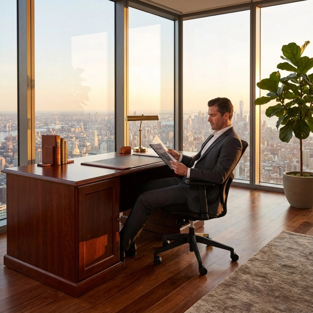 The image features an ergonomic office chair, designed for comfort and support during long hours of sitting. A professional man in a suit is seated at a wooden desk, reading a document, with large windows showcasing a city skyline at sunset. The office space is modern and stylish, complemented by a potted plant.