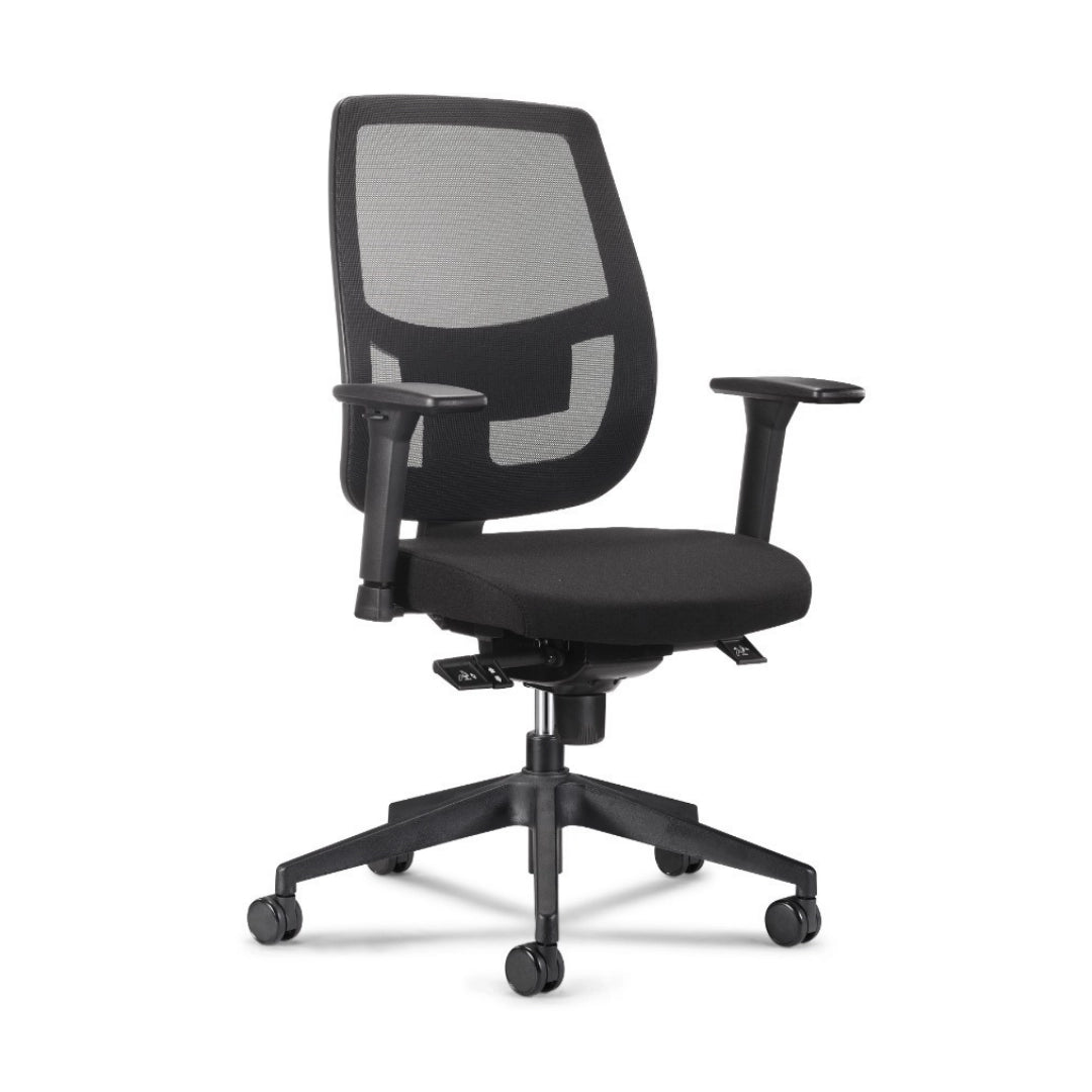 The image features an ergonomic office chair designed for comfort and support during long hours of work. It has a mesh backrest for breathability and a cushioned seat in black fabric. The chair is equipped with adjustable armrests and a wheeled base for easy mobility.