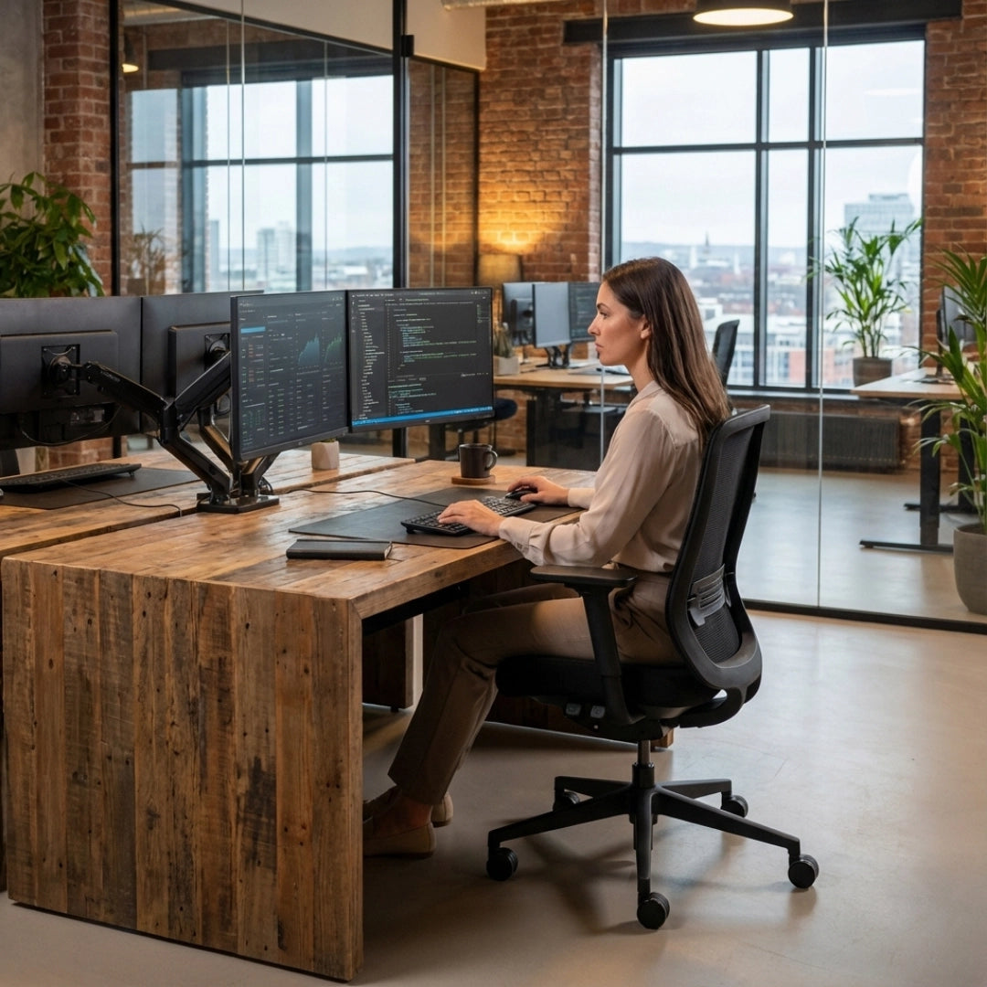 The image features an ergonomic office chair, likely from the "Glory" model line. It shows a woman working at a wooden desk with multiple monitors displaying data, in a modern office setting with large windows and greenery in the background. The chair is designed for comfort and support, suitable for long hours of work.