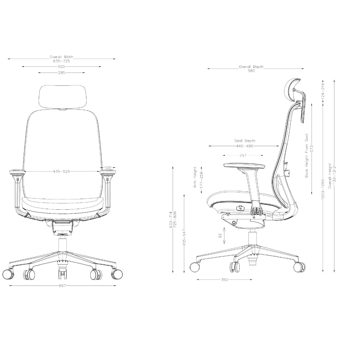 The product is an ergonomic office chair, specifically the "Glory" model. The image displays technical drawings showing the chair's dimensions, including overall width, depth, and seat height. It features adjustable armrests and a supportive backrest, designed for comfort and optimal posture during long hours of use.