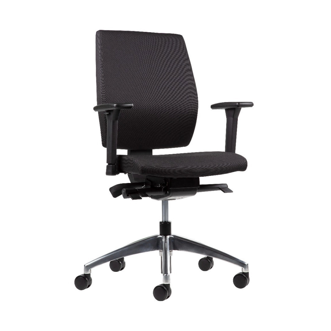 The product is an ergonomic office chair designed for comfort and support during long hours of sitting. It features a sleek black fabric upholstery, adjustable armrests, and a five-point base with wheels for mobility. The chair has a modern design, suitable for various office environments.