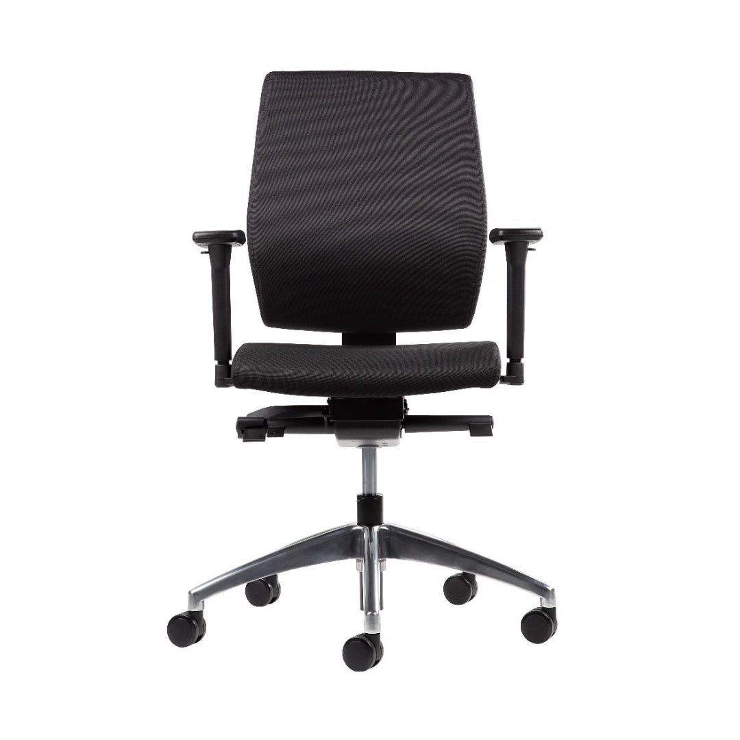 The product is an ergonomic office chair designed for comfort and support during long hours of sitting. It features a sleek design with a mesh backrest and seat, adjustable armrests, and a five-point base with wheels for mobility. The chair is likely intended for professional or home office use.