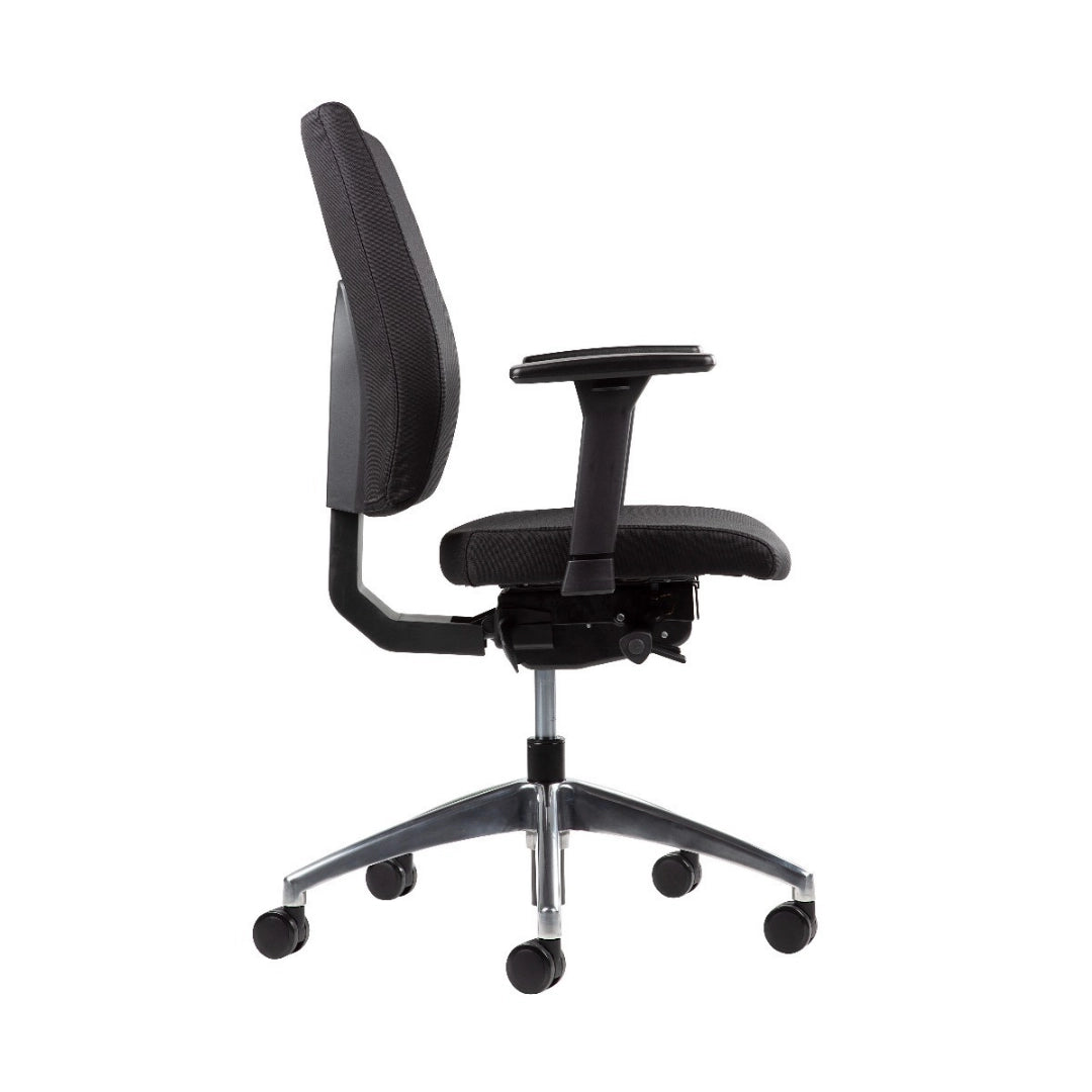 The product is an ergonomic office chair designed for comfort and support during long hours of sitting. It features a sleek black design with a mesh backrest and a padded seat, along with adjustable armrests. The chair is mounted on a five-point base with wheels for easy mobility.