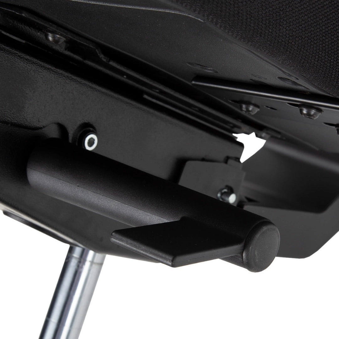The image depicts an ergonomic office chair, specifically highlighting a part of its mechanism. It features a black frame with a visible lever and adjustment components, suggesting functionality for seat height or tilt adjustments. The design emphasizes comfort and support, typical of ergonomic chairs.