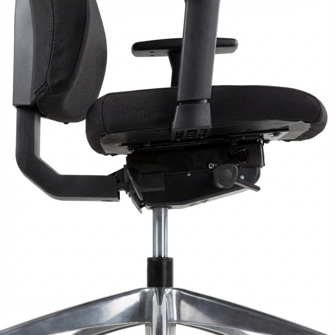 The product is an ergonomic office chair, likely designed for comfort and support during long hours of sitting. The image shows a side view of the chair, highlighting its adjustable armrest, seat, and a chrome base. The fabric appears to be black, suggesting a professional look suitable for office environments.