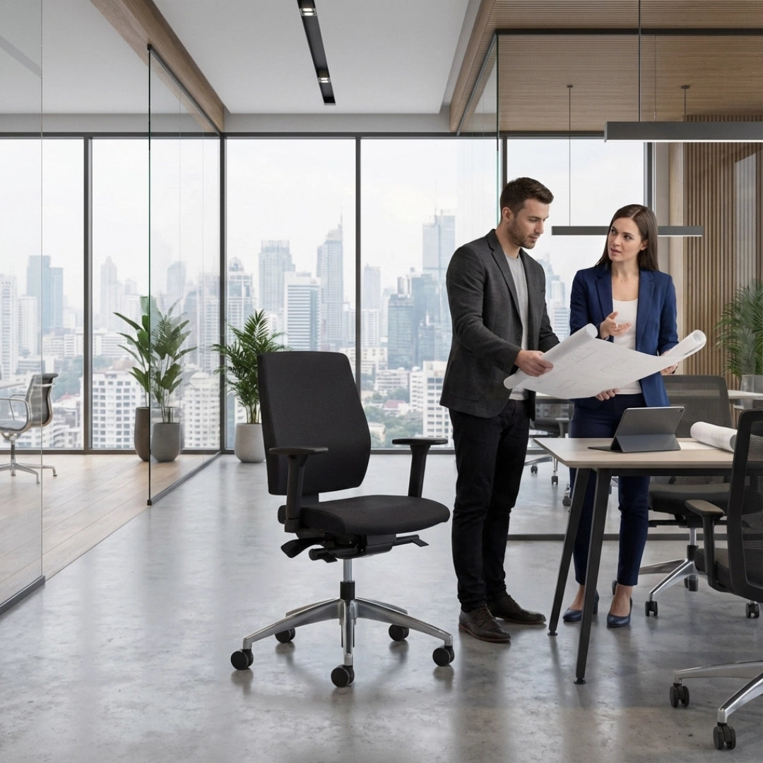 The image features an ergonomic office chair, likely from a professional brand, designed for comfort and support during long hours of work. In the scene, two individuals are discussing plans while standing next to a modern office setup, which includes the chair prominently displayed. The backdrop showcases a city skyline through large windows, enhancing the contemporary office atmosphere.