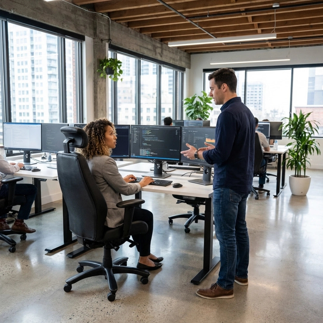 The image features an ergonomic office chair, likely from the brand Rapthor. In the scene, a woman is seated at a desk with multiple computer monitors, engaged in conversation with a man standing nearby. The office environment is modern, with large windows and plants, creating a bright and inviting workspace.