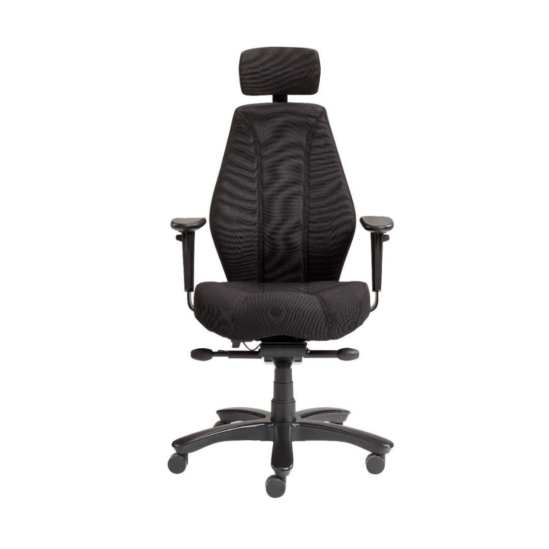 The product is an ergonomic office chair, specifically the Rapthor model. The chair features a high backrest with a headrest, adjustable armrests, and a contoured seat, all designed for comfort and support during long hours of sitting. It is primarily black in color with a textured fabric upholstery.