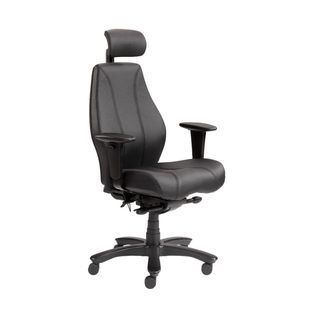 The product is an ergonomic office chair, specifically the Rapthor model. The chair features a sleek black design with a high backrest, adjustable headrest, and armrests, providing comfort and support for prolonged sitting. The base is equipped with wheels for easy mobility.