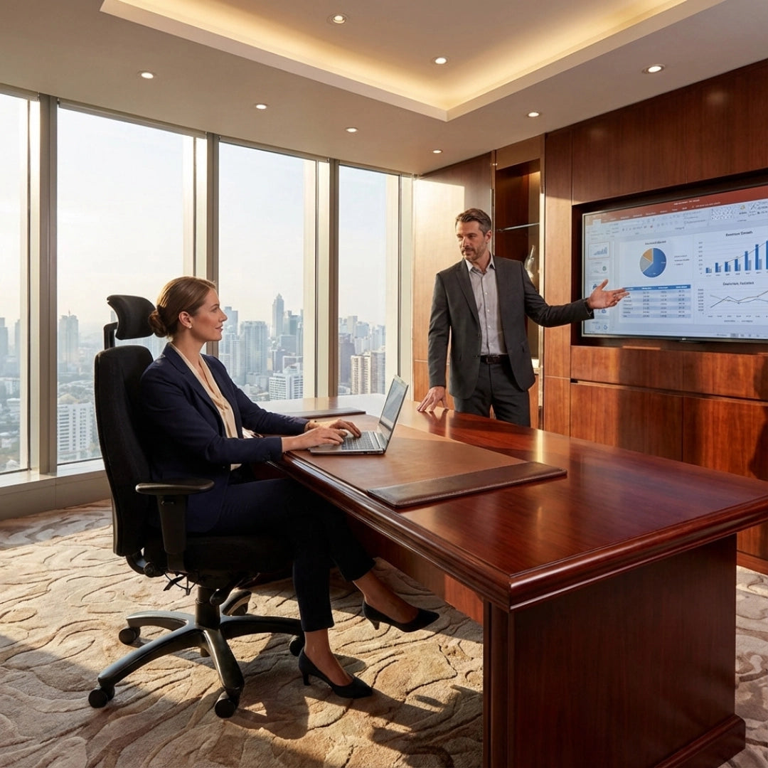 The image features an ergonomic office chair, specifically the Rapthor model. In the scene, a woman is seated at a desk using a laptop, while a man stands beside a presentation screen, discussing data. The office has a modern design with large windows showcasing a city view.