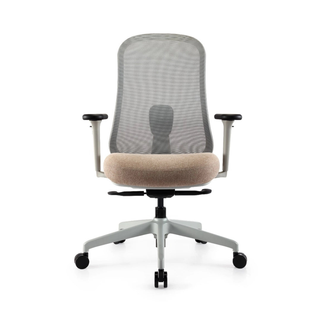 The product is an ergonomic office chair, featuring a mesh backrest for breathability and a cushioned seat for comfort. It has adjustable armrests and a five-star base with wheels for mobility. The overall design is modern and functional, suitable for office environments.