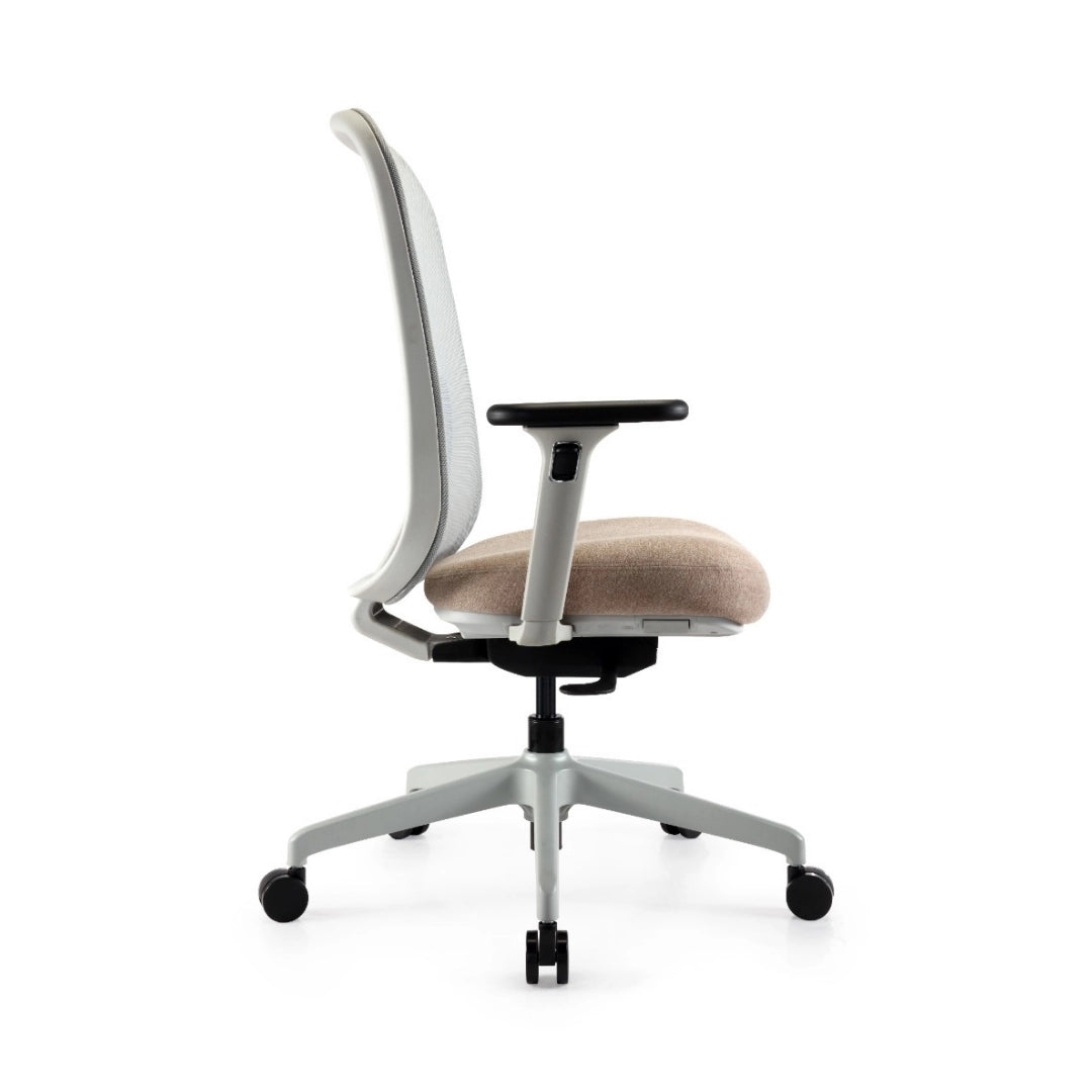 The product is an ergonomic office chair, designed for comfort and support during long hours of sitting. The chair features a mesh backrest for breathability, a cushioned seat, and adjustable armrests. Its modern design includes a five-point base with wheels for mobility.