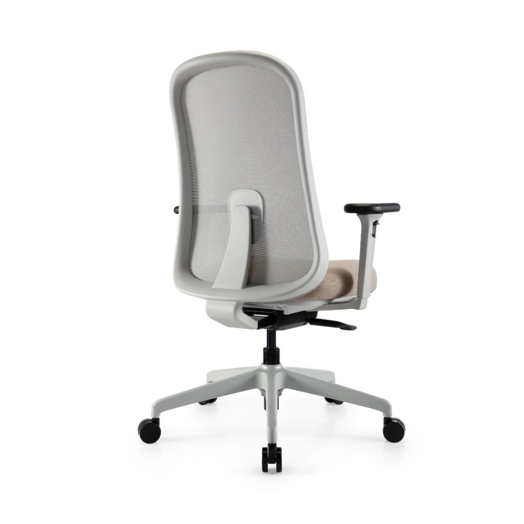The image features an ergonomic office chair with a modern design. It has a mesh back for breathability and a padded seat for comfort. The chair is mounted on a wheeled base for mobility and includes adjustable armrests. The overall aesthetic is sleek and contemporary, suitable for a professional workspace.
