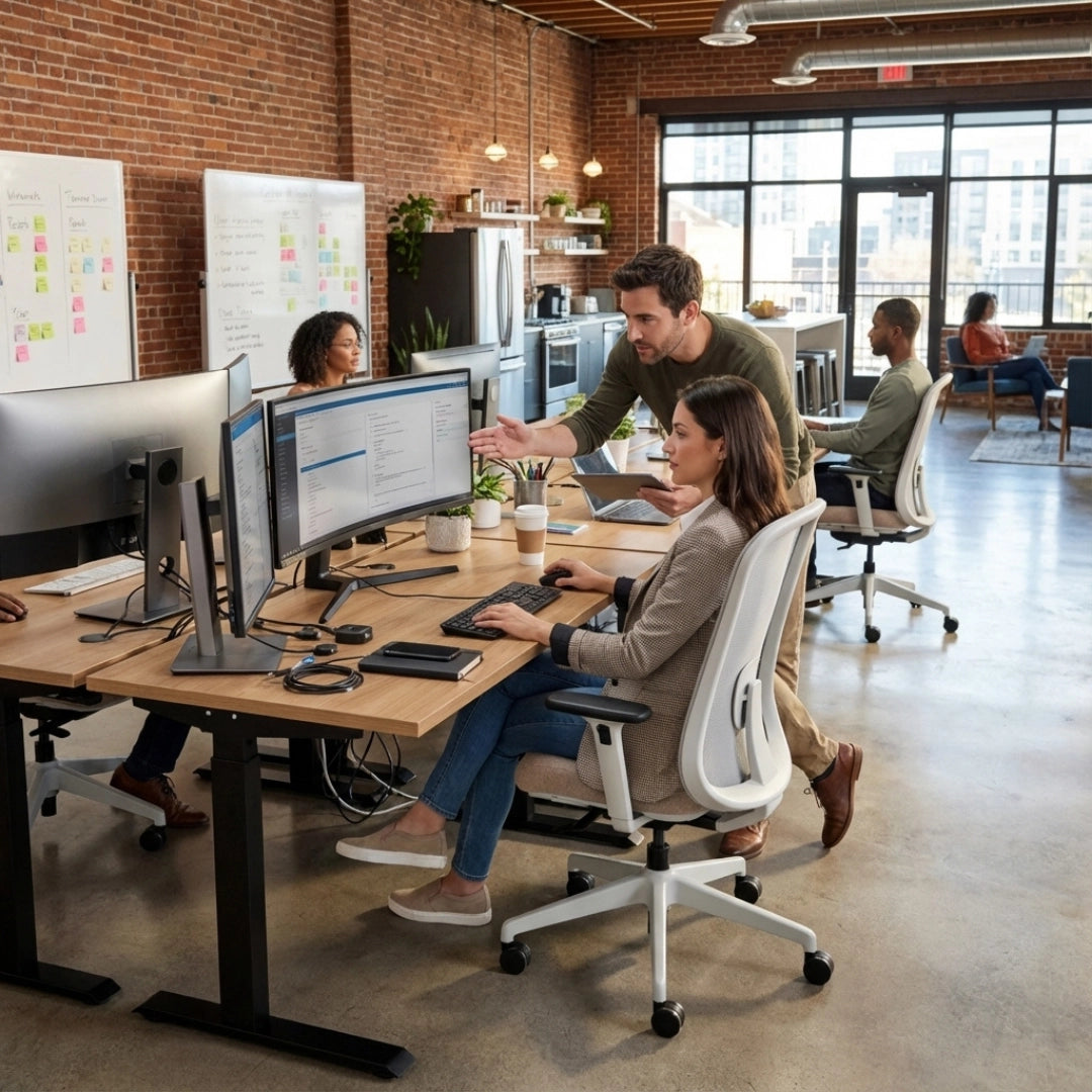 The image features an ergonomic office chair, likely designed for comfort and support during long hours of work. The setting is a modern office with multiple workstations, where a woman is seated at a desk using a computer, while a man is engaged in discussion with her. The environment is bright and open, with large windows and a contemporary design, emphasizing a