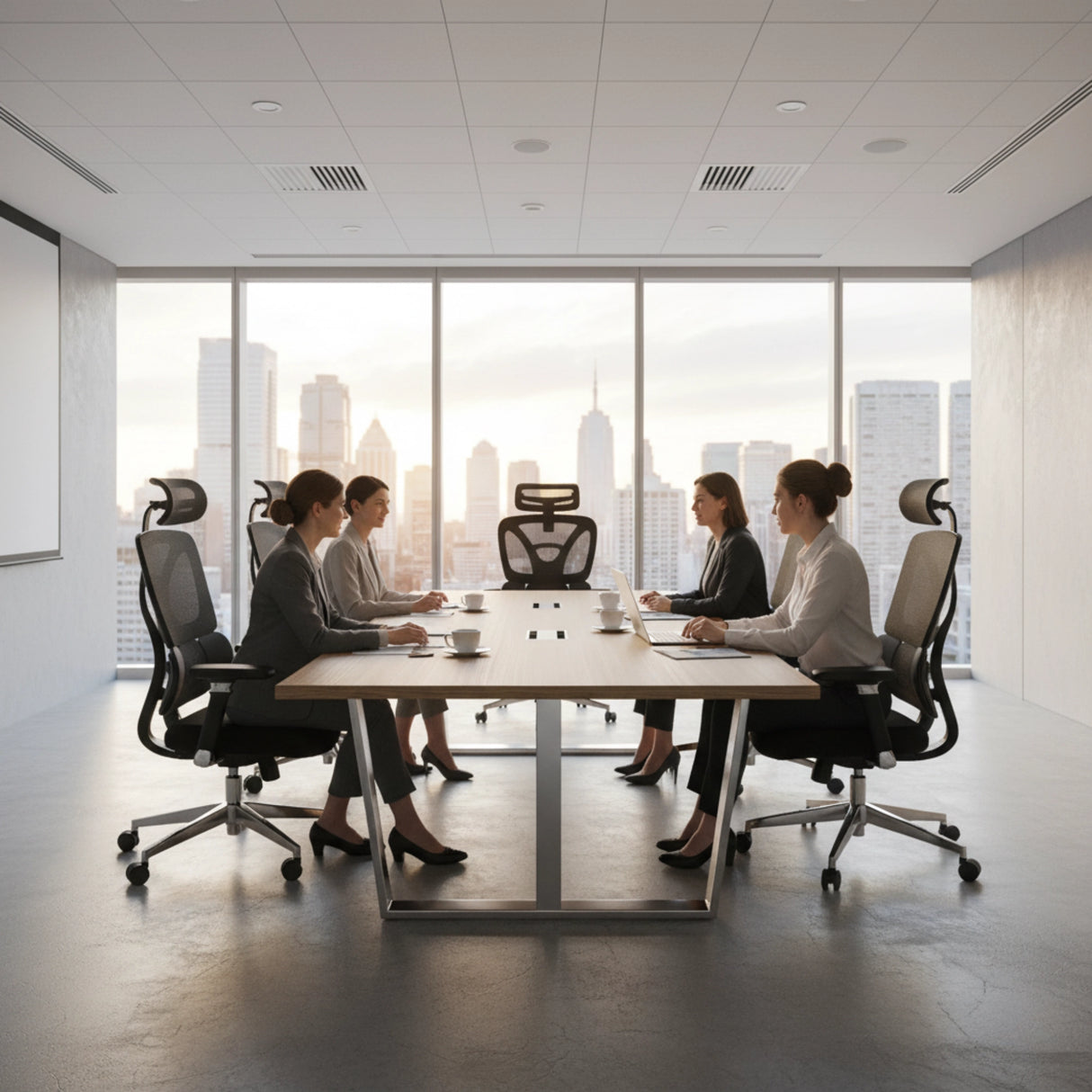 The product is an ergonomic office chair, specifically the "Trek" model. The image depicts a modern conference room with four women seated around a large table, each using a different ergonomic chair. The room features large windows with a city skyline in the background, creating a professional and sophisticated atmosphere.