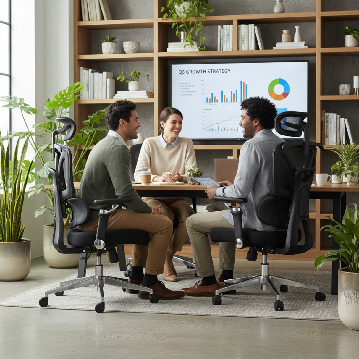 The image features an ergonomic office chair, likely the "Trek" model. It shows three people engaged in a discussion around a table in a modern office setting, with plants and a presentation screen displaying growth strategy charts in the background. The chairs are designed for comfort and support, suitable for long hours of work.