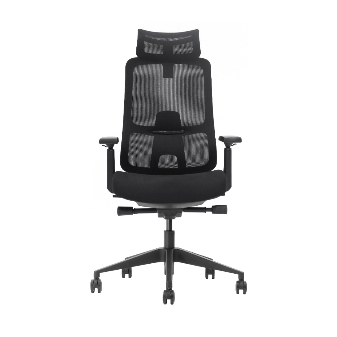 The product is an ergonomic office chair, specifically the Valor model. The chair features a high backrest with a mesh design for breathability, adjustable armrests, and a comfortable seat, all supported by a wheeled base for mobility.