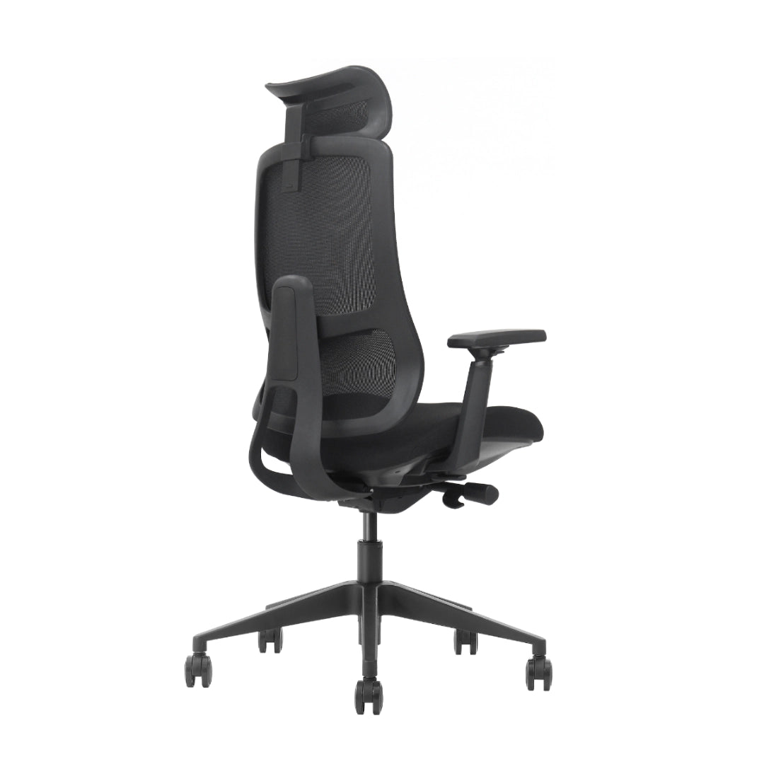 The product is an ergonomic office chair, specifically the Valor model. The image shows the chair from a side view, highlighting its mesh backrest for breathability, adjustable armrests, and a sleek, modern design. The chair is mounted on a wheeled base for mobility.