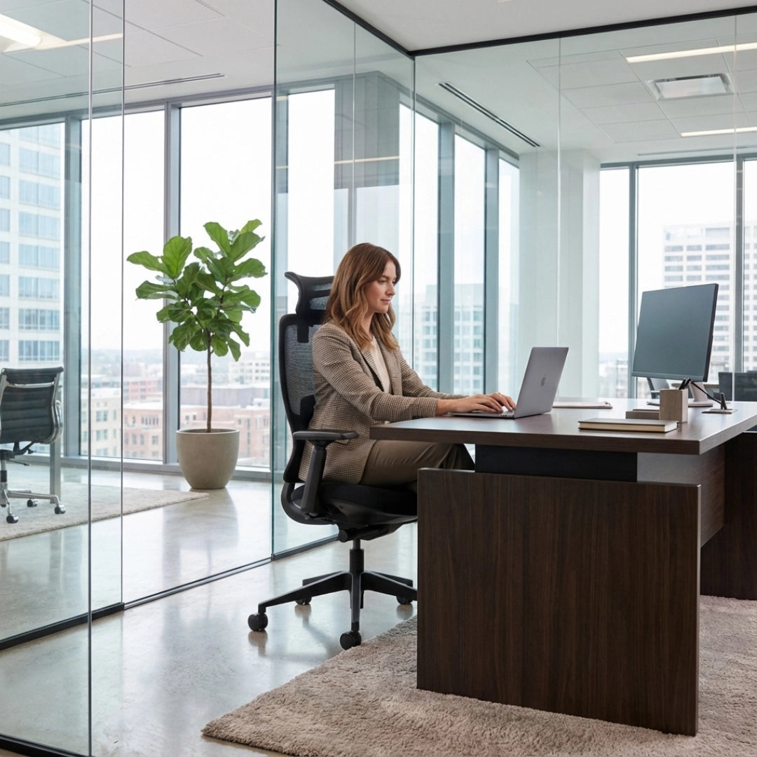 The image features an ergonomic office chair, specifically the Valor model. A woman is seated at a modern desk, working on a laptop, with a large window showcasing a city view in the background. The office space is bright and contemporary, enhanced by a decorative plant beside her.