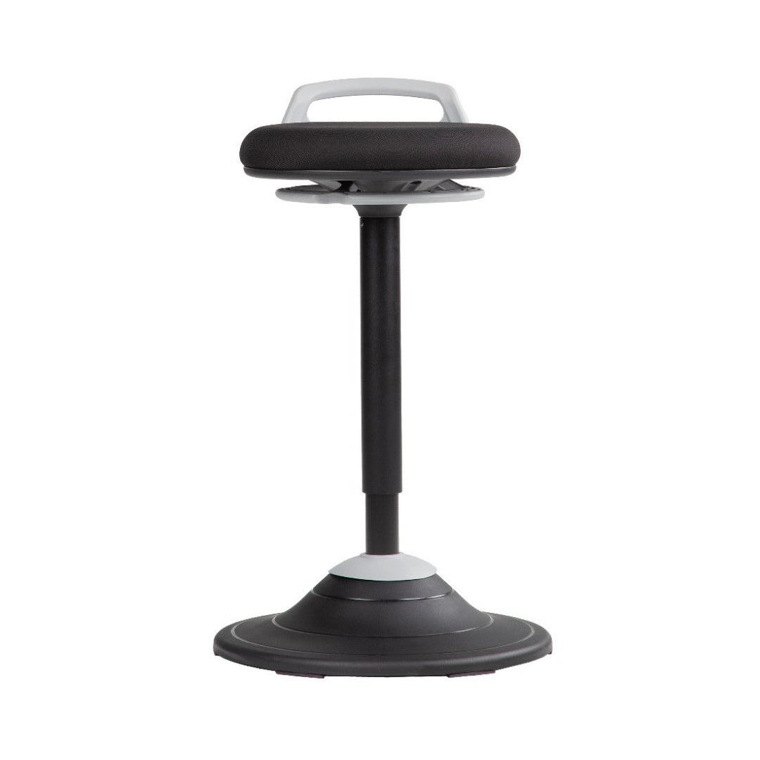 The product is a sit-stand stool designed for ergonomic support, promoting a balance between sitting and standing. It features a round base for stability and a comfortable padded seat with a handle for easy movement. The design emphasizes posture and flexibility, making it suitable for modern office environments.
