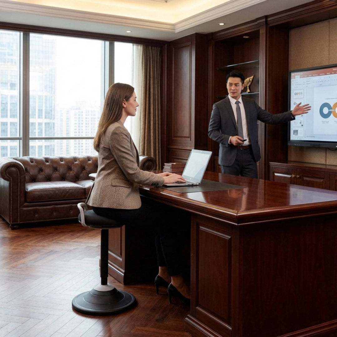 The image features a sit-stand stool designed for ergonomic office use. It appears to be a balance stool that allows for dynamic sitting and promotes better posture. In the scene, a woman is seated on the stool while working on a laptop at a wooden desk, and a man is presenting information on a screen in the background. The office setting is modern