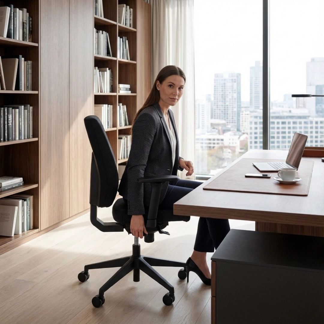 The image features an ergonomic office chair, designed for comfort and support during long hours of work. A woman is seated in the chair, which has adjustable features, while positioned at a modern desk with a laptop and a cup of coffee. The background shows a stylish office space with bookshelves and a cityscape view.
