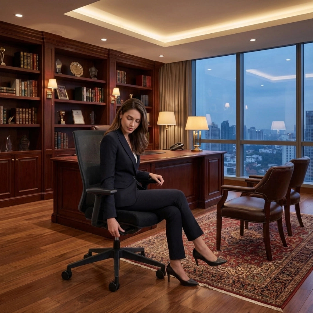 The image features an ergonomic office chair, designed for comfort and support during long hours of work. A woman in professional attire is adjusting the chair in a stylish office setting, which includes wooden bookshelves and large windows offering a city view. The overall ambiance suggests a sophisticated and functional workspace.
