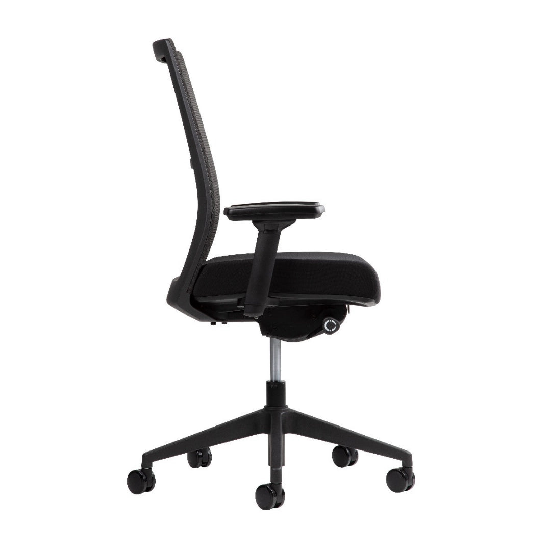 The product is an ergonomic office chair, designed for comfort and support during long hours of sitting. It features a sleek black design with a mesh back for breathability, adjustable armrests, and a five-point base with wheels for mobility. The chair appears to be modern and functional, suitable for a professional workspace.