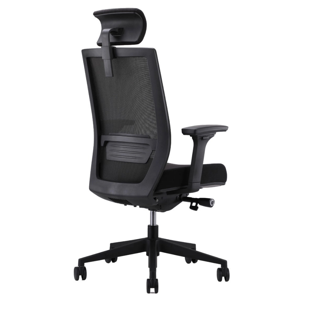 The product is an ergonomic office chair, specifically the "Air" model. The image shows the back view of the chair, which features a mesh design for breathability, adjustable armrests, and a sturdy base with wheels for mobility. The overall color scheme is black, emphasizing a modern and sleek appearance.